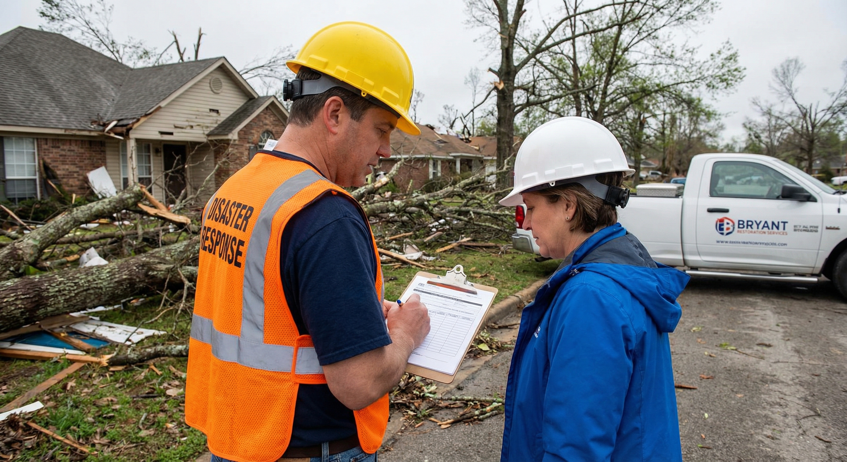 Natural State Tornado Cleanup team meeting with homeowner